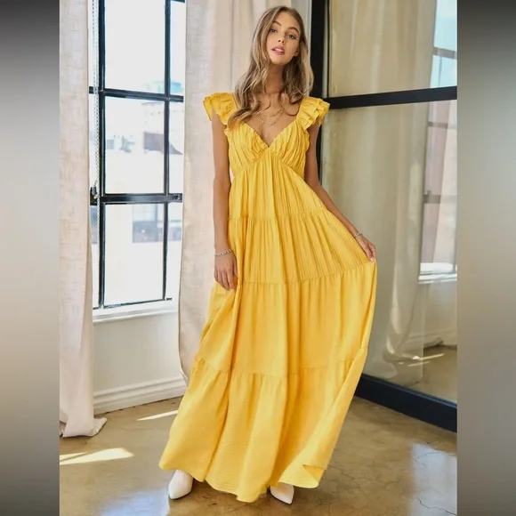 11. Women's Crinkled Fabric Ruffle Sleeve Deep V-Neck Maxi Dress - Picture 1 of 7